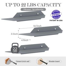 Walensee Floating Shelf, Metal Wall Shelf Set of 3 Wall Mounted Shelves, Wall Hanging Storage Book Shelf Display Shelves for Bathroom Bedroom Kitchen Living Room Organizer for Home Shelving Black-Grey