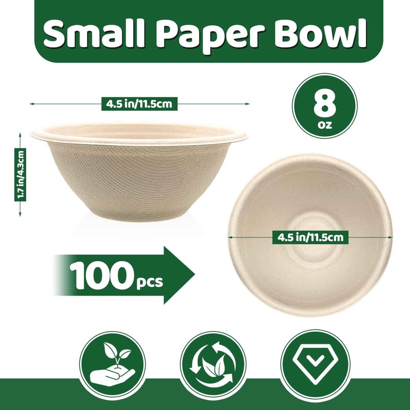 100 Pack 8oz Compostable Paper Bowls,Natural Bagasse Bowls