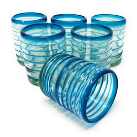 Dos Sueños Hand Blown Mexican Drinking Glasses – Set of 6 Tumbler Glasses with an Aqua Spiral Design (10 oz each)