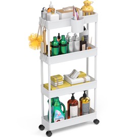 LEHOM 5.1" Slim Storage Cart - 4 Tiers Bathroom Organizer Mobile Shelving Unit Storage Rolling Utility Cart Slide Out Organizer for Kitchen Bathroom Laundry Narrow Places, White