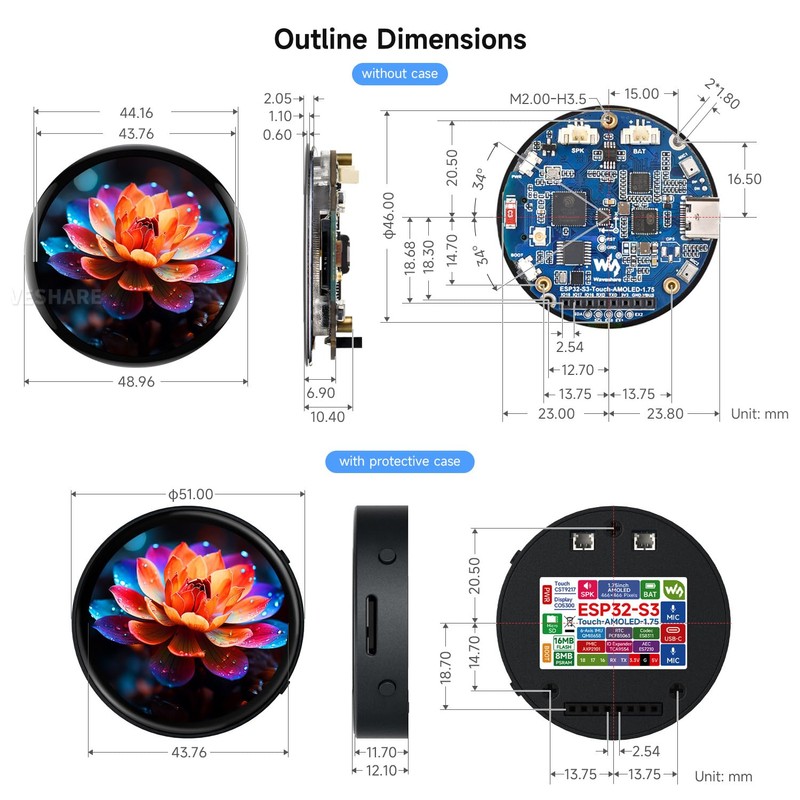 Waveshare ESP32-S3 1.75 inch AMOLED Round Touch Display Development Board