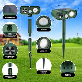 Solar Powered Ultrasonic Animal Repellent, Waterproof Motion Detection System, Yard Farm Garden Outdoor Deterrent Squirrel Rabbit Bird Dog Cat with LED Flashing Lights