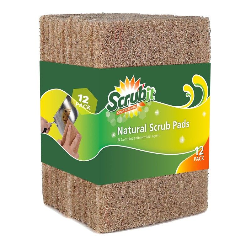 SCRUBIT Natural Scouring Pads (12 Pack) - Eco Friendly Scrubbing
