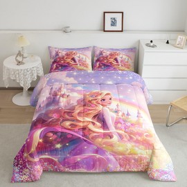 Princess Comforter Set for Boys Girls,Fairy Tale Dreamy Castle All Season Cozy Bedding Set Full Size,Watercolor Flowers Rainbow Starry Fantasy Girly Duvet Set Bedroom Decor