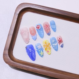 10 Pcs Blue French Tip Press on Nails Handmade Medium Almond Fake Nails with 3D Flower Starfish Design Muti-Layer Gel False Nails Thick Acrylic Nails Press ons Summer Beach Nails for Women (S)