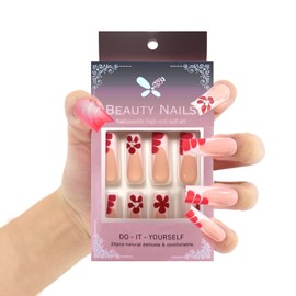 French Press-on Nails, Glossy False Nails Long, Red False Nails Reusable, 24PCS Coffin Fake Nails with Rhinestones (E)