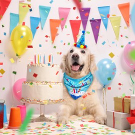 Dog Birthday Bandana Set, Dog Birthday Boy Bandana with Cute Dog Birthday Party Hat, Triangle Dog Scarf for Pet Birthday Party Decorations (Blue)