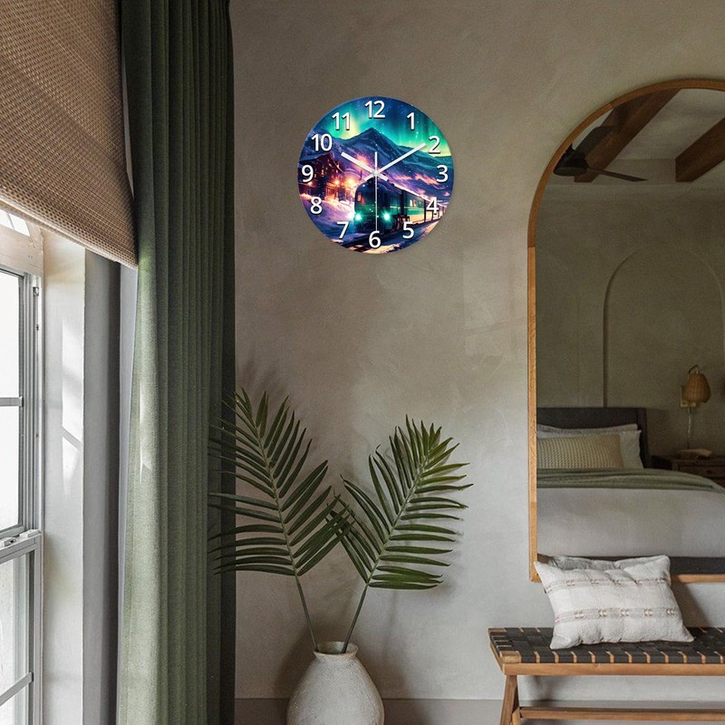 XNM Aurora Glass Battery Wall Clock 12 Inch Snow Mountain