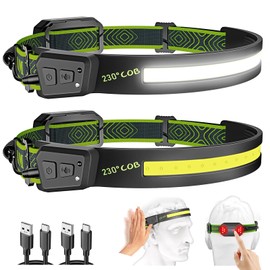 Rechargeable Headlamp 2PCS, Super Bright LED Headlamp, 230° COB Wide Beam Head Lamp, Motion Sensor Flashlight with Taillight(Red Lights) Waterproof Hard Hat Headlight, for Running, Cycling and Camping