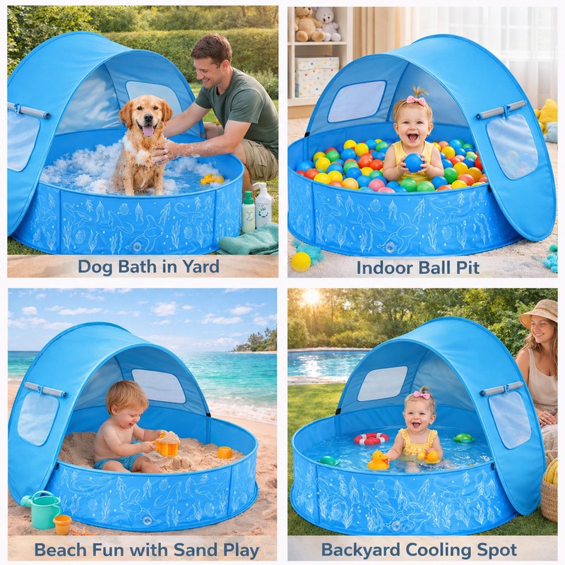 Baby Pool with Canopy, Foldable Pop Up Kiddie Pool with