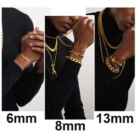 ChainsHouse men’s stainless steel curb bracelet, widths: 6, 8, 10, 13, 14 mm, lengths: 19 cm, 21 cm, with gift box, for couples., Stainless Steel