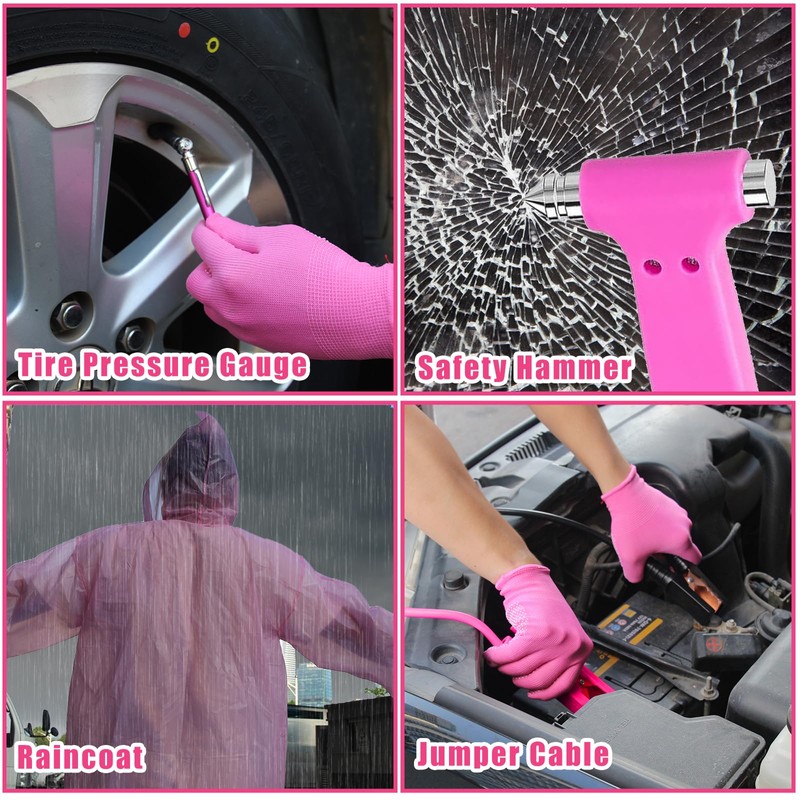 BHLUUIYER Car Emergency Kit, Pink Roadside Emergency Car Kit with
