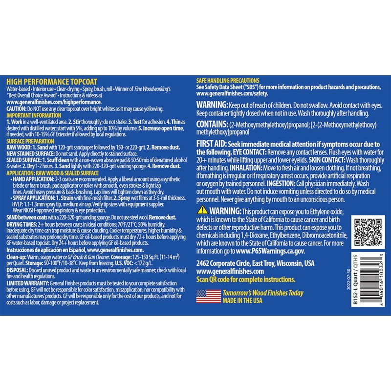General Finishes High Performance Water Based Topcoat, 1 Pint, Satin