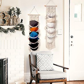 Ball Cap Hanger-2 Pack-Boho Macrame Cap Holder Wall Hat Organizer for Baseball Cap Holder Over Door, Hat Rack for Wall, Cap Rack for Decoration and Display,