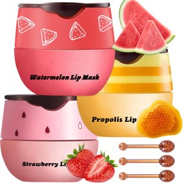 3 PCS Bee Lip Balm Honey Pot, Honey & Strawberry & Watermelon Lip Mask Overnight Propolis Moisturizing Lip Balm Hydrating Prevention Dry and Crack Lip Scrubs Exfoliator Lip Wrinkle Care (Set B)