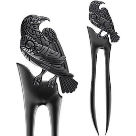 2PK U Shaped  Raven Metal Hair Prong Forks  Hair Styling Pins Black Wicca  Sticks Renaissance Festival Acceossories for Women  for Thick Hair - Color: Matte Black Raven
