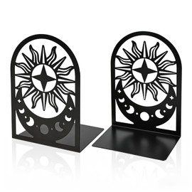 Book Ends, Set of 2 Metal Bookends for Shelves, Decorative Bookends for Heavy Books, Non-Slip Book End, Black Bookend for Home Office (Moon Phase)