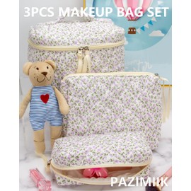 PAZIMIIK 3PCS Makeup Bag SET Large Travel Quilted Zipper Soft Cosmetic Case Pouch for Women Girls Make Up,Floral Purple