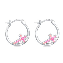 Kootwo Cross Hoop Earrings 925 Sterling Silver Religious Cross Earrings Christian Cross Jewelry for Girls Women Men, Sterling Silver, pink opal