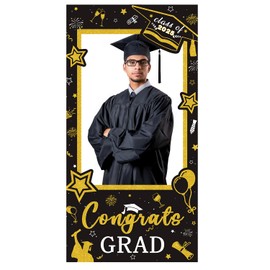 Graduation Decorations Class of 2025 Photo Booth Props - Black and Gold 2025 Congrats Grad Frame & Photo Props Graduation Party Picture Backdrop Graduation Party Supplies