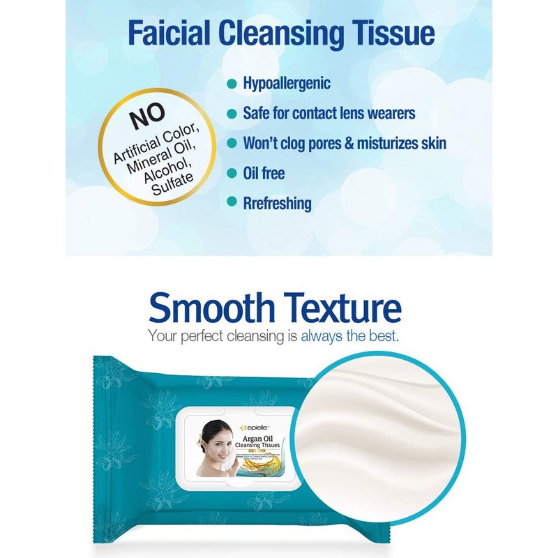 Epielle Argan Oil Cleansing Facial Tissues Makeup Remover Wipes Gentle