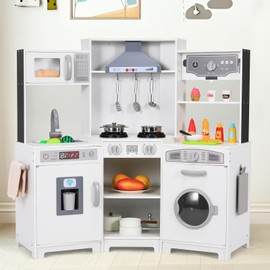 MAMIZO Corner Play Kitchen for Kids, Wooden Pretend Toy Kitchen, Large Toodler Cooking Playset w/Washer, Range Hood w/Light & Sound, Stove, Ice Maker, Cutting Board, Coffee Maker, Sink (White)