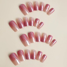 Gradient Red Press on Nails Short Square Fake Nails with Design Nude Full Cover Aurora False Nails Acrylic Ombre Glue on Nails Artificial Glossy Stick on Nails for Women Manicure24Pcs…