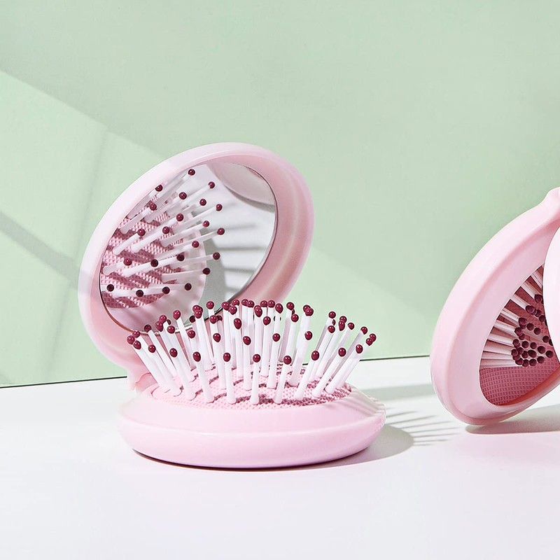 Trikeel Mini Folding Hair Brush with Mirror, Compact Pop up