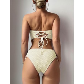 ZAFUL Women Strapless Bandeau Bikini Shell 2 Piece Swimwear Cheeky Solid Lace up Pom Bathing Suits(2-Beige,L)