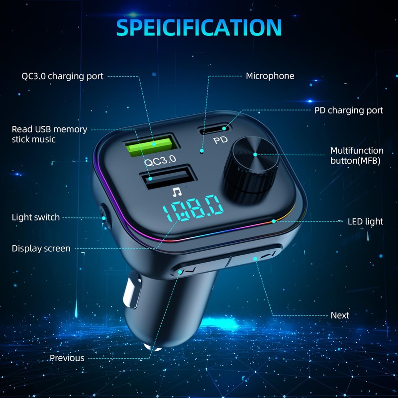 FM Transmitter Bluetooth V5.3-54W (PD 36W & 18W) 3 USB