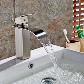 Modern Bathroom Single Handle Basin Mixer Brushed Aluminum Sink Waterfall Single Hole New Contemporary Ceramic Bath RoomColor: Light Grey, Surface Finishing: Nickle