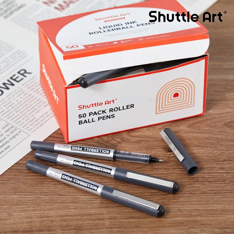 Shuttle Art RollerBall Pens, 50 Pack Black Fine Point Roller
