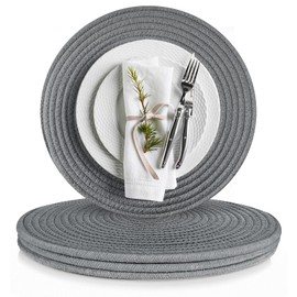 Pixieora Round Placemats Set of 4, Washable Cotton Rope Woven Place Mats, Trivets for Hot Dishes, 13 inch Round Non-Slip Table Mats Hot Pads for Kitchen Table and Farmhouse Decor (Dark Gray, 4)
