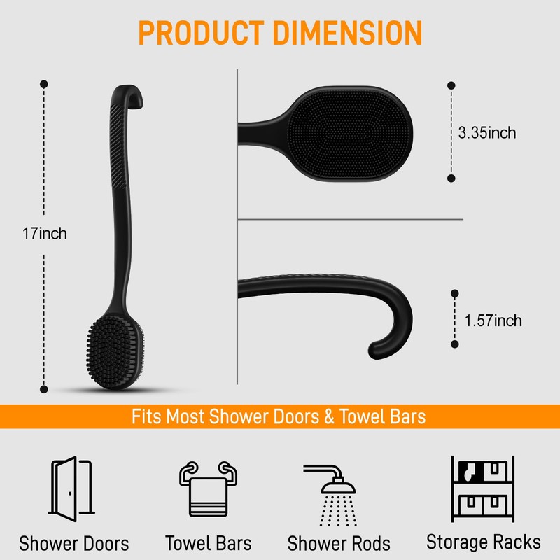 Silicone Back Scrubber for Shower, 17-Inch Long Handle Body Bath