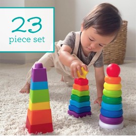 Infantino Tower Stackers Playset, Multicolor Rainbow-Themed Stacking Towers for Babies 12M+, 3-Style Set, Rings, Squares & Stars, 23 Pieces