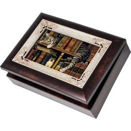 Cat Sleeping On Bookshelf Burlwood Jewelry Music Box Plays Wonder World
