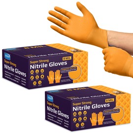 Inspire Heavy Duty Orange Nitrile Disposable Gloves | ULTRA 8 Mil Diamond Textured Grip | Industrial Mechanic Food (200, Medium)