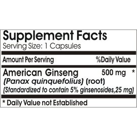 American Ginseng Standardized Extract 500mg // 100 Capsules // Pure // by PureControl Supplements