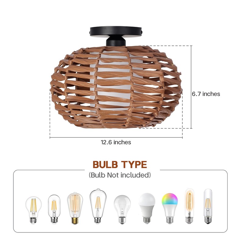 CALOKES Boho Semi Flush Mount Ceiling Light, Rattan Style Hand