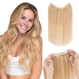 Hairro Wire Hair Extensions Human Hair, Fish Line Invisible Adjustable & Clips in Extensions Straight, 100% Real Hairpieces Seamless Blending for Women, 16 Inch 80g Ash Blonde Mix Bleach Blonde