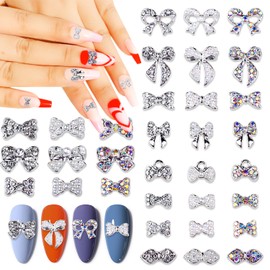 DANNEASY 33pcs 3D Silver Bow Nail Charms Flat-back Nail Rhinestone Alloy Butterfly Bowknot Jewels Charms for Nails Laser Nail Crystal Gem Diamond Nail Studs Nail Art Decoration
