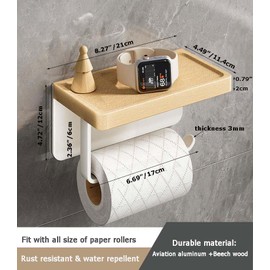 HAOYOUBI Toilet Paper Holder with Wood Shelf Beech Wood Bathroom Accessories RV Toilet Paper Holder Wall Mount Bathroom Paper Roll Holder Bathroom Organizer Nailfree Bathroom Paper Holder