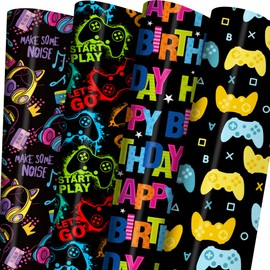 ZINTBIAL Gaming Birthday Wrapping Paper for Boys Girls Kids Baby Shower,Black Gift Wrapping Paper with Colorful Gamepad, Pink Headphones, Happy Birthday, Easy to Store, Not Rolled.