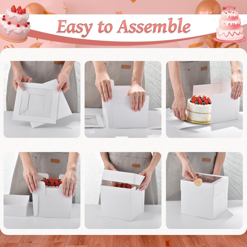 DOYIDE 12Pcs Cake Boxes, 12x12x6 Inches White Bakery Boxes with