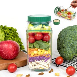 SURPRIZON Salad Jar with Side Opening, Leakproof Mason Jar Container, Portable Salad To Go Container with Dressing Cup for Travel Home Office, Dishwasher Safe