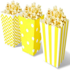 Pack of 18 Popcorn Trays, Popcorn Bags, Striped Popcorn Buckets, Polka Dot Party Boxes, Ripple Candy Boxes (Yellow)