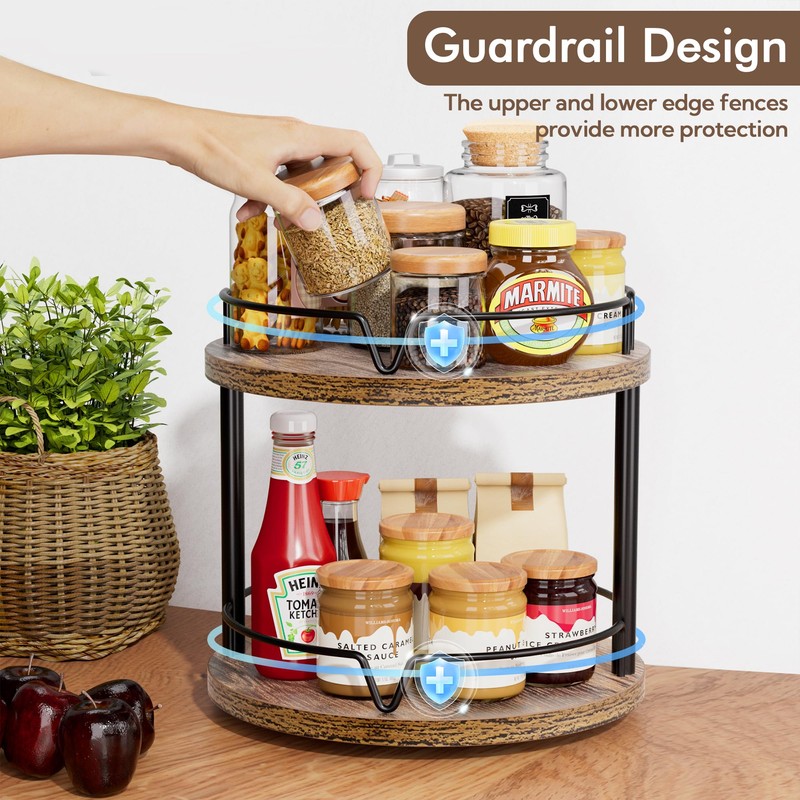 2 Pack 2 Tier Lazy Susan Organizer Wooden Rotating Spice