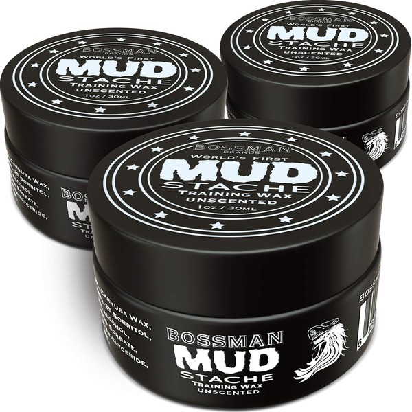 Bossman MUDstache Unscented Mustache Wax - 3 Pack – No Pull - Spreads Easy for a Strong Non-Tacky 24 hr Hold - Tame, Train and Style - Moustache Wax for Men (1oz)