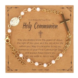 Cross Charm Bracelet, Gold White Virgin Mary Cross Chain Bracelets with Inspirational Card Christian Jewelry Gifts Religious Rosary Beads Catholic Bracelets for Women