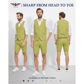 Hihawk Men's 2 Piece Linen Vest Pants, Lightweight Waistcoat Shorts, Casual Wedding Beach Summer Prom Homecoming Outfit Green